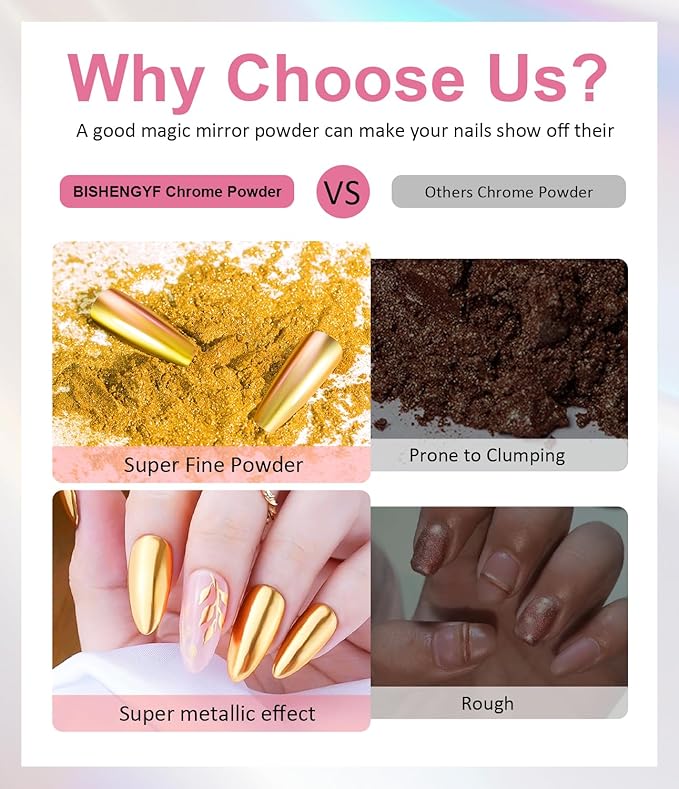 Gold Chrome Nail Powder 24K Mirror Effect BISHENGYF - Pink Gold Nail Chrome Powder Aurora Mermaid Mirror Effect POwder, White Pearl Iridescent Holographic Metallic Pigment Dust for NAil Art Decoration