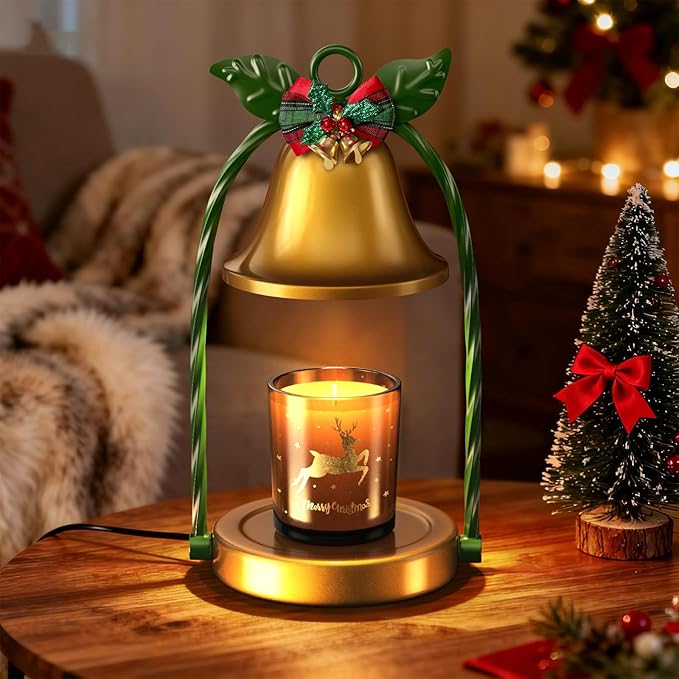 Christmas Candle Warmer Lamp - Gold Base with Green Accents, Bell-Shaped Shade, Adjustable Timer & 4 Dimming Modes, Flameless Heater for Candles Under 4 Inches, Festive Home Decor (Christmas)