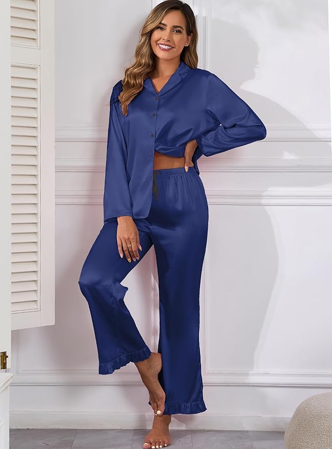 Veseacky Womens Satin Pajama Set Silk Pjs Button Down Long Sleeve Sleepwear Loungewear Sleepwear 2 Piece Pjs Set S-XXL
