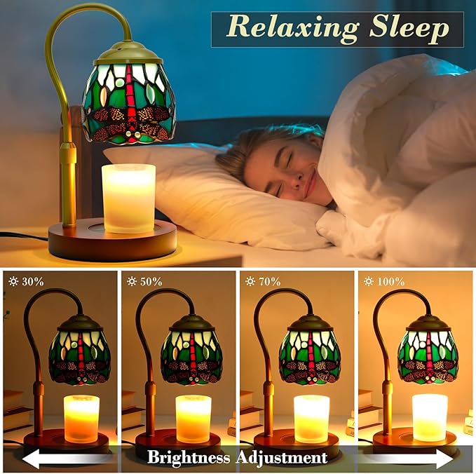 Candle Warmer Lamp Tiffany Style Dragonfly, with Timer Dimmer Adjustable Height, Stained Glass Candle Warmer Lamp with 2 Bulbs, Vintage Home Decor Gift, Wax Melt Warmer for Scented Jar Candles