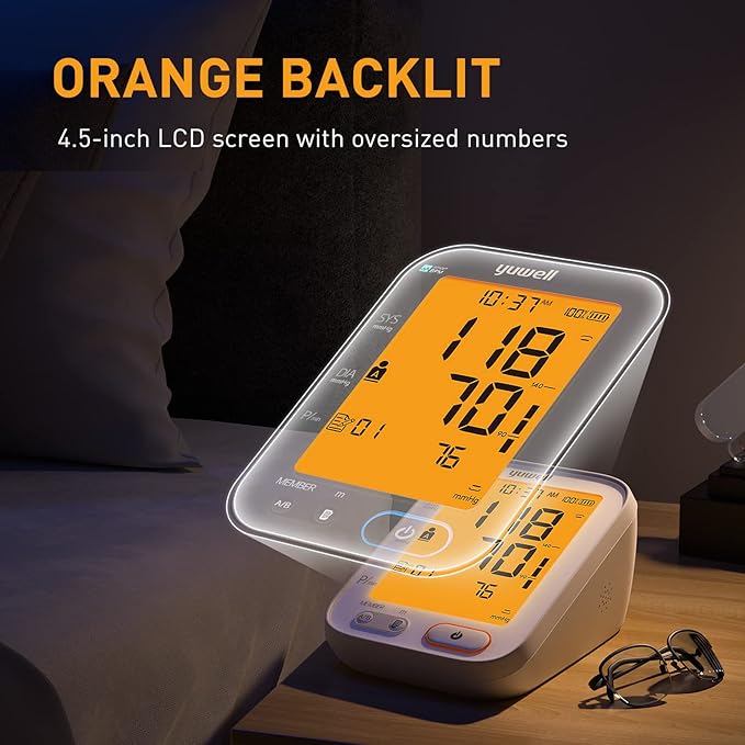yuwell Upper Arm Blood Pressure Monitor | Medical Grade, BP Machine for Home Use | 2 Users, 99x2 Readings, Wide Range Blood Pressure Cuff, 4.5" Large Display, Power Adapter