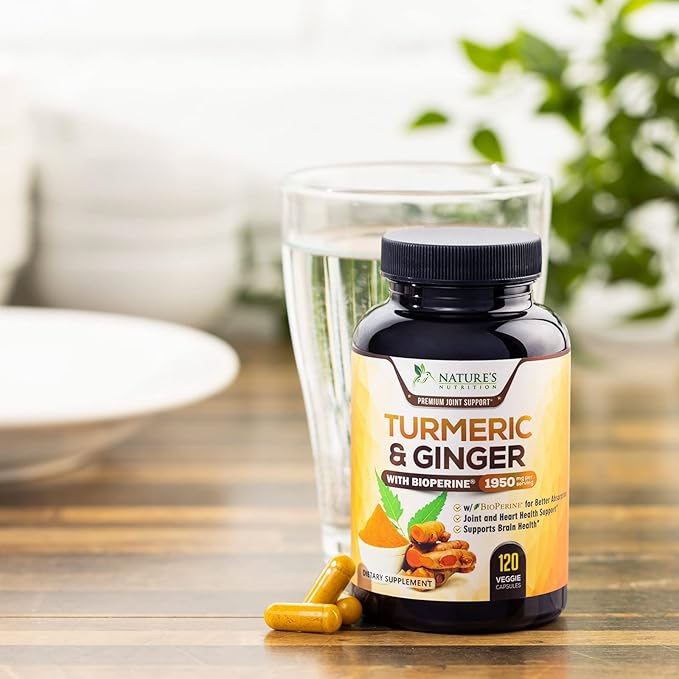 Turmeric Curcumin Supplement 1950mg - 95% Curcuminoids with Organic Turmeric & Ginger, BioPerine Black Pepper for Best Absorption, Nature's Vegan Joint Support, Non-GMO, Bottled in USA - 120 Capsules