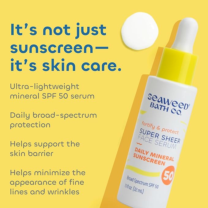 Seaweed Bath Co. Fortify & Protect Super Sheer Face Serum SPF 50 Broad Spectrum Zinc Oxide Facial Sunscreen, 1.1 Ounce, Non-Tinted, Sustainably Harvested Seaweed, Collagen, Ceramides