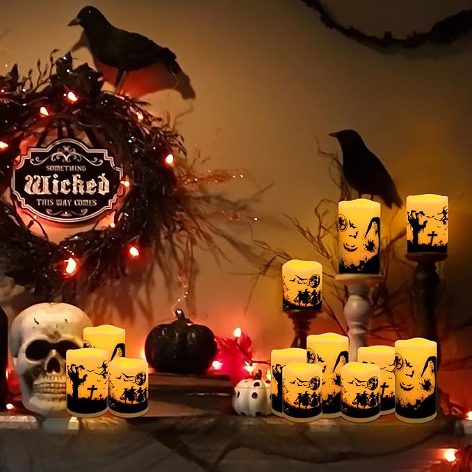 12-Pack Halloween LED Flameless Pillar Candles - Battery Operated with Remote & Timer, Flickering Warm Light, Witch/Bats/Castle Decals - Spooky Halloween Decor, Ghost Party Supplies, Gifts