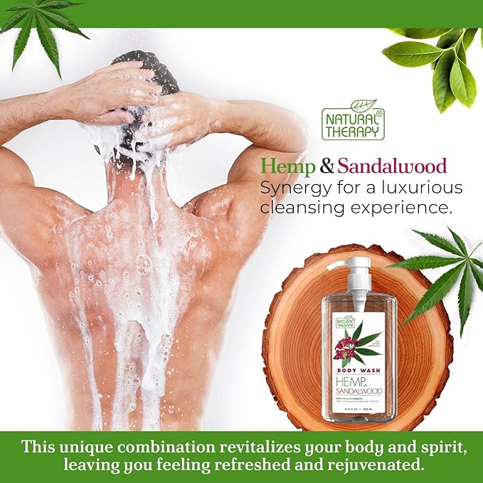 Natural Therapy Body Wash for Women and Men with Hemp & Sandalwood Oils - Shower Gel Cleanses and Moisturizing Skin - With Dead Sea Minerals Nourish for Body, Pack of 2 (67.6 fl.oz)