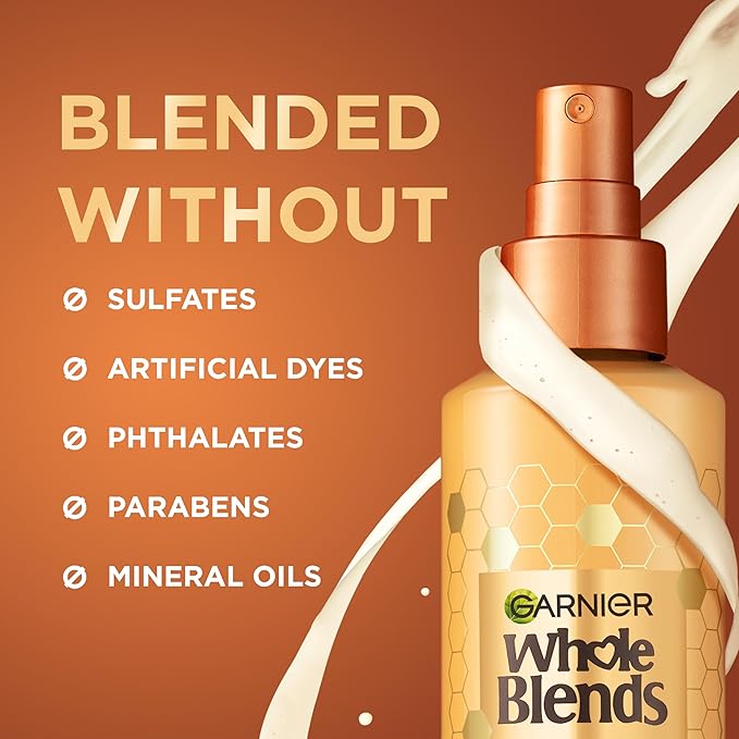 Garnier Whole Blends Honey Treasures Repairing Shampoo (22 Fl Oz), Conditioner (22 Fl Oz) + Hair Honey Milk 450F Heat Protectant Spray (2 Count) (8.5 Fl Oz) (4 Items), Bundle (Packaging May Vary)