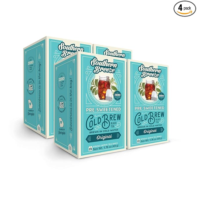 Southern Breeze Cold Brew Sweet Tea Original Iced Tea with Black Tea and Zero Carbs Zero Sugar, 20 Individually Wrapped Tea Bags, Pack of 4
