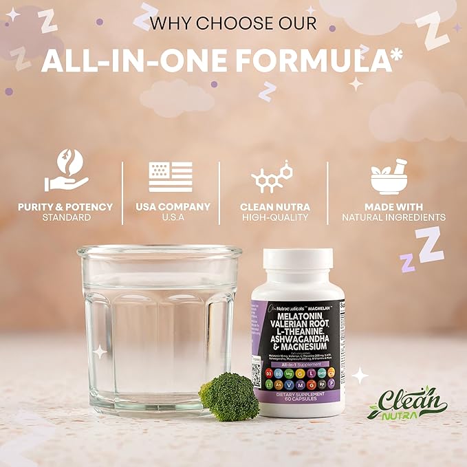 Clean Nutraceuticals Melatonin 10mg Valerian Root L Theanine 200mg Ashwagandha - Sleep Support for Women & Men with Magnesium Complex, Lemon Balm, Chamomile, & Passion Flower - 60 Caps