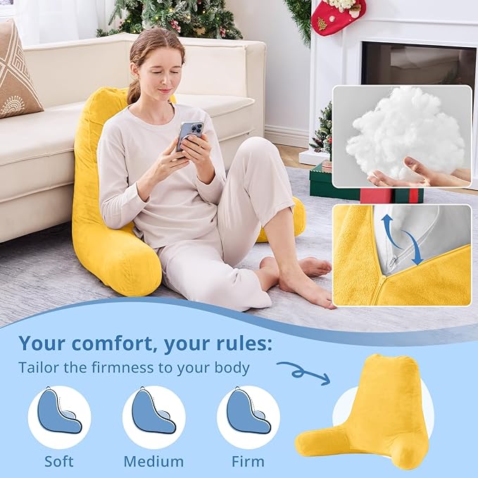 Sasttie 25-inch Reading Pillows for Sitting in Bed Adult, Jumbo Velvet Back Pillow Bed Sitting Up, XL High Back-Rest Support Cushion for Sit Up on Couch & Floor, Oeko-Tex Certified, Yellow