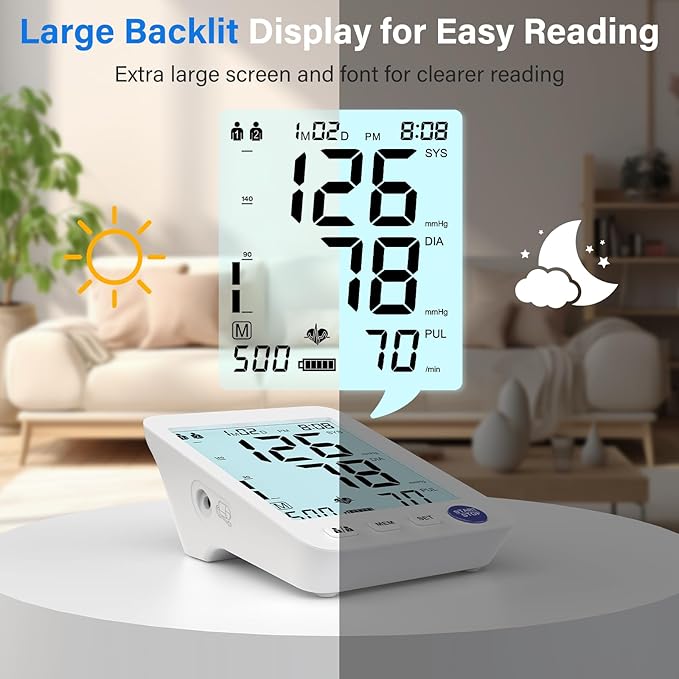 ADKING Upper Arm Blood Pressure Monitor Home Use LCD Backlit Screen,Large Cuff,2 User Mode 500 Memories,Two Power Options,4xAAA Batteries (Light Blue)