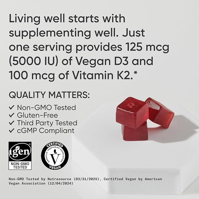 Sports Research® Vegan Vitamin D3 + K2 Gummy Supplements - 5000iu Vitamin D with 100mcg Mk7 Vitamin K - Supports Bone& Immune Health* - 60 Gummies for Adults, for Women, 1 Month Supply