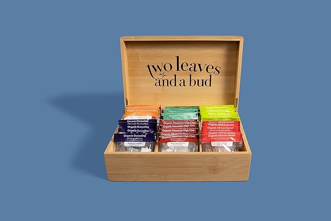 Two Leaves and a Bud Organic Tea Sampler in 6-Slot Bamboo Presentation Box - Filled Gift Box with Tea Assortment of Green, Black, and Herbal Teas