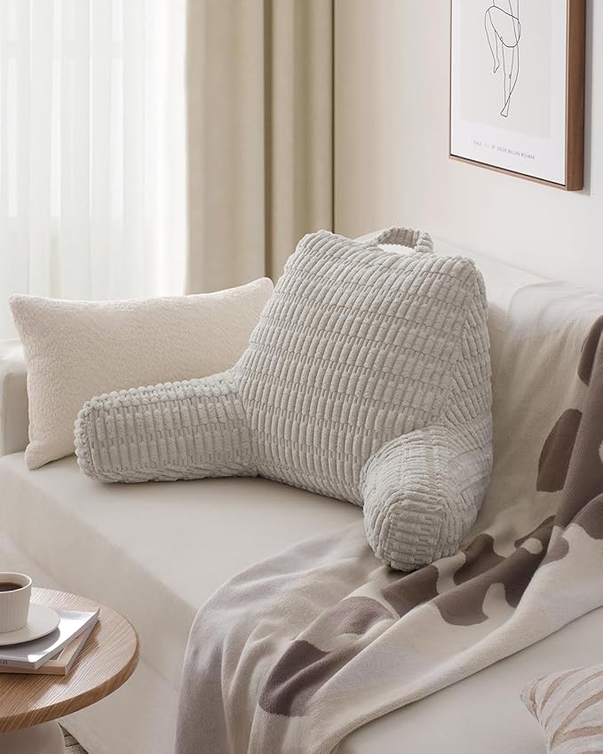 Blissful Diary Reading Pillow, Backrest Pillow with Shredded Memory Foam for Adult & Children, Designed for Bed and Couch Sitting Up, Includes Arms, Pockets and Washable Cover, Light Gray