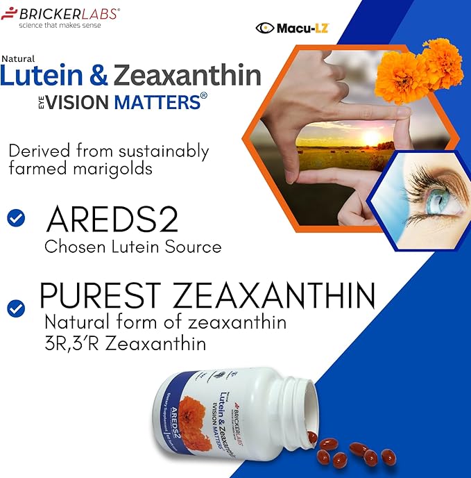 Bricker Labs Natural Lutein + Zeaxanthin Eye Supplement – Supports Eye, Brain, and Skin Health with Macular Carotenoids, Superior Bioavailability, AREDS2 Chosen Lutein Source – 60 Soft Gels