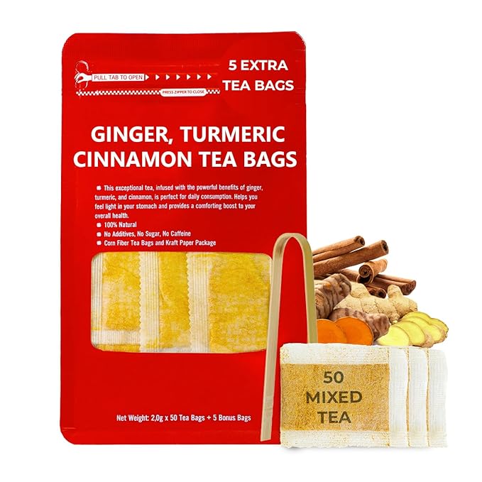 Ginger Cinnamon Turmric Tea Bags with Bamboo Tong - 55 Count (+5 Count), 5.47 oz, Re-Steep Corn Based Bag, Natural Herbal Tea for Body Warm, Liver Support