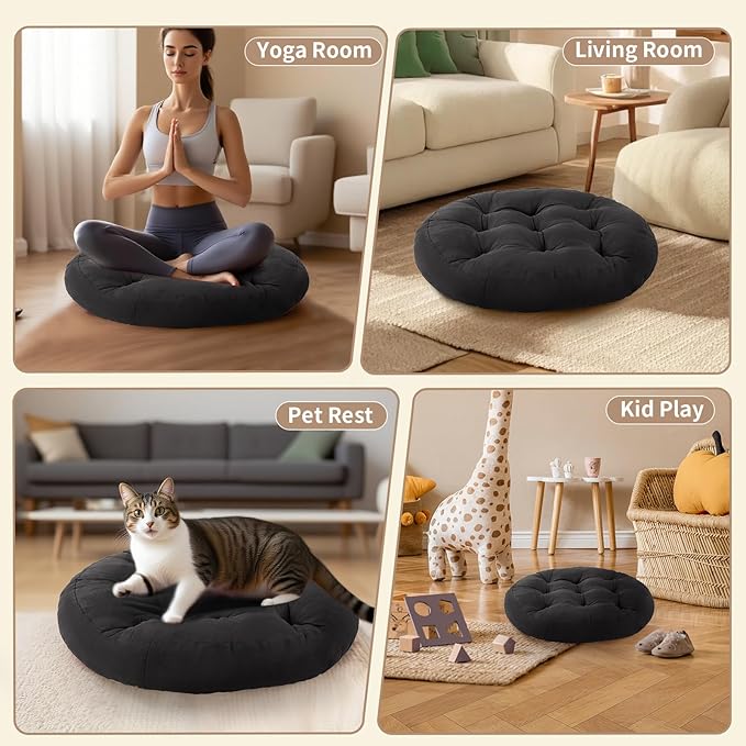 Meditation Floor Pillow, Round Floor Cushions for Adults, Button Tufted Seat Cushions for Yoga Tatami Living Room, Black, 22 x 22 x 4 in