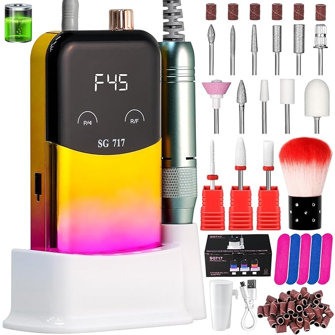 LIMEGIRL Professional Electric Nail File Drill Bits Kit 45000RPM for Acrylic Toenail Machine Clippers with 14 Drill Bit Gradient Yellow Portable Rechargeable Cordless