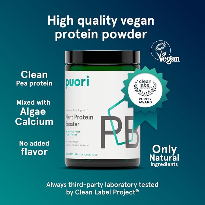 Puori Vegan Plant Protein Enhancer Powder - 25 Servings - Neutral Flavor Pea Protein with Algae Calcium for Essential Amino Acids - Dairy-Free, Vegetarian, Non GMO