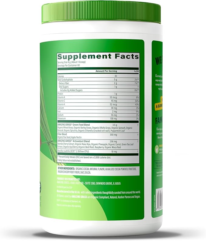 Amazing Grass Greens Superfood Powder: Greens Powder with Digestive Enzymes & Probiotics, Organic Spirulina, Chlorella, and Beet Root Powder, Chocolate, 60 Servings