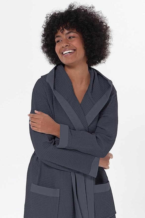 SEYANTE Women’s Luxury Waffle Shawl Collar, Hooded Robe w Piping – Lightweight, Long, Ultra Soft Spa Sleepwear Bathrobe