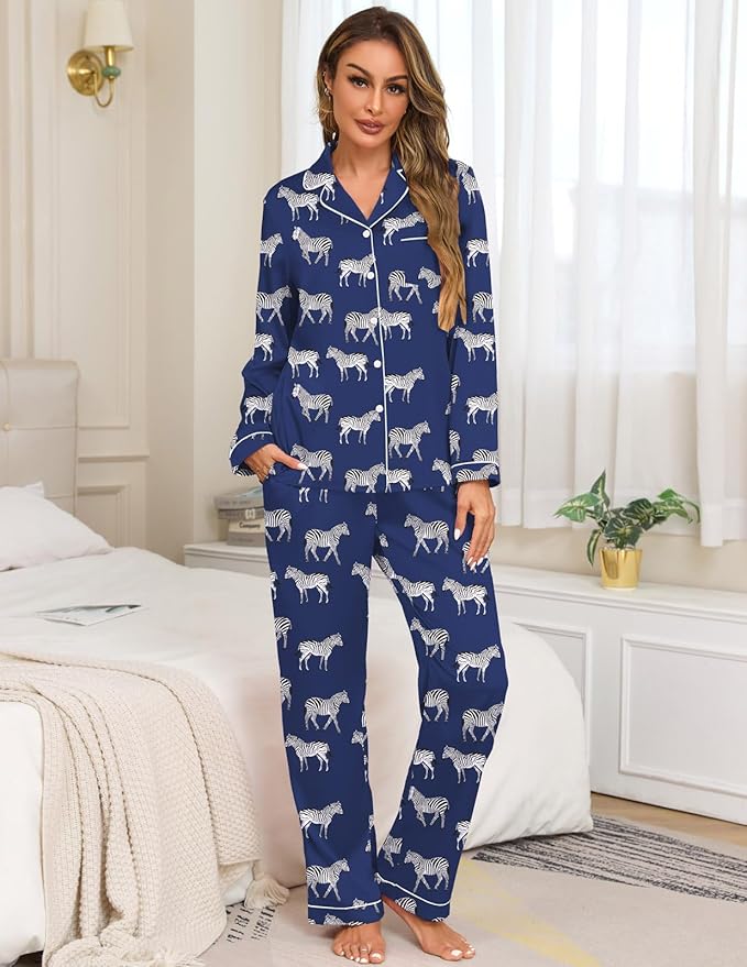 Veseacky Womens Satin Pajama Set Silk Pjs Button Down Long Sleeve Sleepwear Loungewear Sleepwear 2 Piece Pjs Set S-XXL