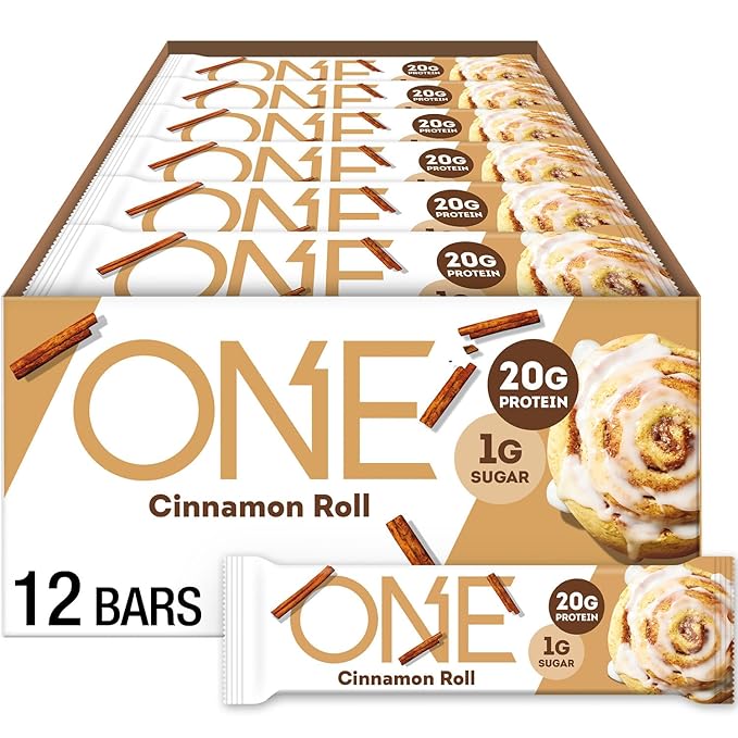 ONE Protein Bars, Cinnamon Roll, Gluten Free with 20g Protein and 1g Sugar, Pantry Staples, 2.12 oz (12 Count), Packaging May Vary