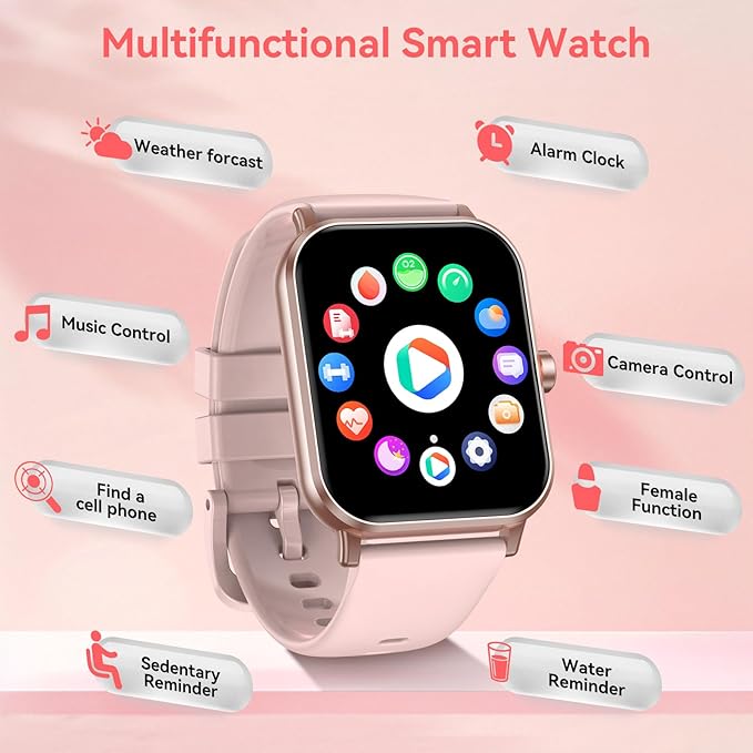 Smart Watch for Men Women, 1.85" HD Touchsreen Fitness Tracker, 120+ Sport Modes, 24/7 Heart Rate & Sleep Monitor, Pedometer, Calories, IP68 Waterproof, Fitness Watch for Android iPhone (Pink)