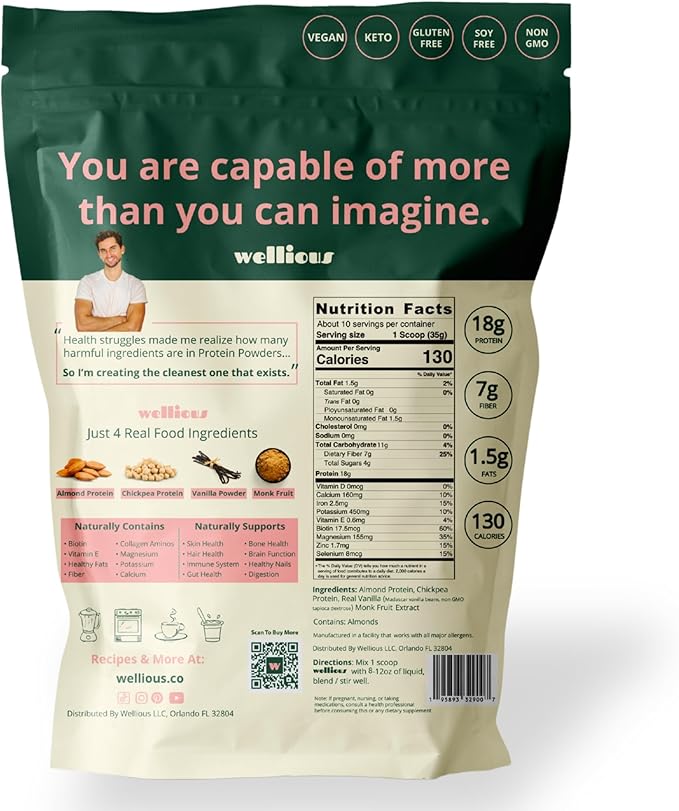 wellious Clean Vegan Protein Powder Vanilla - Plant Based Protein, Dairy Free, for Gut Health, No Sodium, High Fiber, Keto Friendly, Non Dairy, Lactose Free Protein Powder