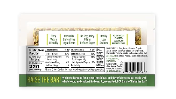 JECA® Matcha Seeds Energy Bars - Plant-Based Snack with Matcha Green Tea, Oats, Peanuts, & Organic Agave Nectar - Vegan, Gluten-Free, Non-GMO - Natural Ingredients - Chewy Texture - 1.8 oz, 12-Pack