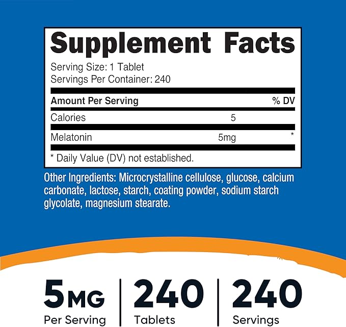 Nutricost Melatonin 5mg, 240 Tablets - 5mg Per Serving, Non-GMO, Gluten Free (Pack of 2)