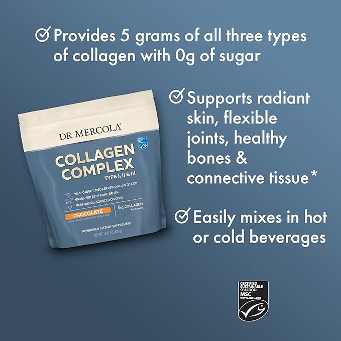 Dr. Mercola Collagen Complex Powder - Supports Skin Elasticity & Joint Function - Multi-Source Collagen Types I II III - 10.89 oz (30 Servings) - Chocolate