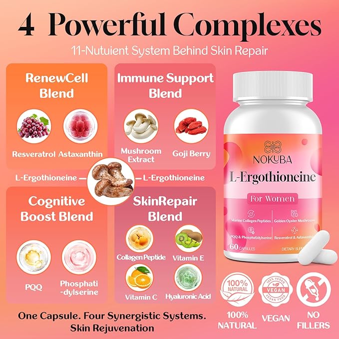 L-Ergothioneine with Mushroom Supplement for Women | Skin Care, Brain, Immune, Cognitive Support, Oyster Mushrooms, Collagen Peptides, PQQ, Resveratrol | 120 Capsules