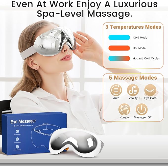 Eye Massager with Heat and Cooling for Migraines – 15 Massage Nodes for Eye Strain Relief, Rechargeable Bluetooth Music, Improve Sleep, Birthday & Holiday Gifts for Women and Men (Sliver)