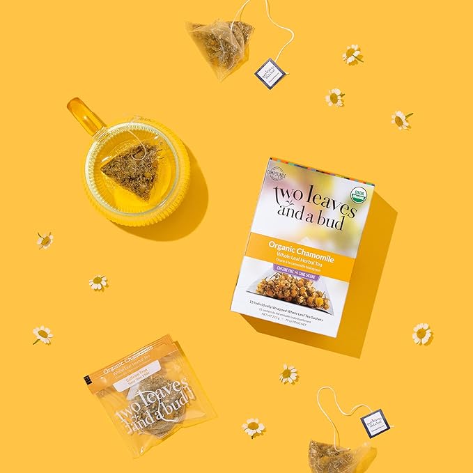 Two Leaves and a Bud Organic Chamomile Herbal Tea Bags, Naturally Caffeine Free, Whole Leaf Chamomile Tea in Compostable Sachets, 15 Count (Pack of 1)