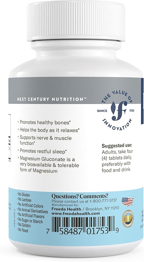 Freeda Magnesium Gluconate – Gentle & Highly Absorbable Magnesium for Bone, Nerve & Muscle Function – Vegan Magnesium Supplement (500 Tablets)