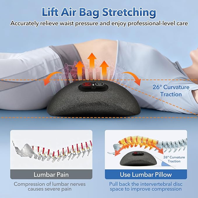 3-in-1 Multifunctional Battery-Powered Lumbar Pillow for beds and Chairs, Back Massager with Heating Massage and Stretching, deep Tissue Massager for Pain Relief