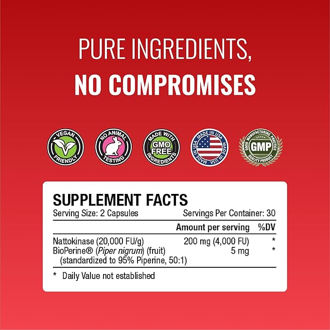 Approved Science Nattokinase - 4,000 FU - 200 mg - Free of Vitamin K2 - Contains BioPerine - One Month Supply - Vegan, Non-GMO - 60 Capsules