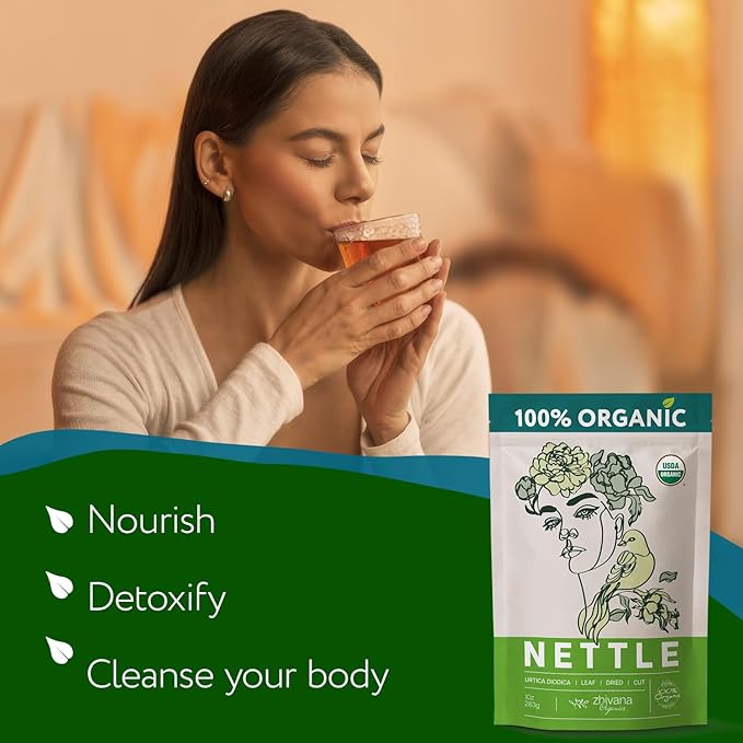 Zhivana Organics Nettle Tea โ Nettle Leaf Organic, Nettle Tea Loose Leaf, Stinging Nettles Loose Leaf Organic, Ortiga Verde Organica - Dried Herbs for Medicinal Use - 8oz