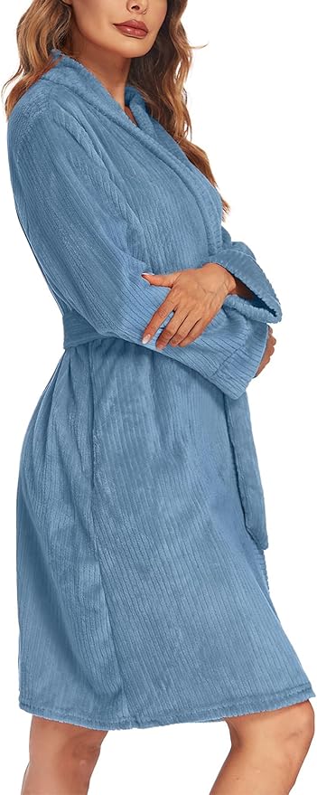 Ekouaer Women's Robes Short Plush Bathrobe Knee Length Warm Soft Jacquard Robe Winter House Coat with Pockets S-XXL