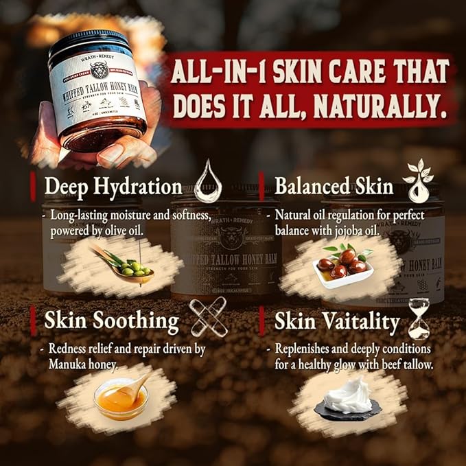 Organic Beef Tallow for Skin - 4 OZ (Pack of 3) โ Grass Fed Beef Tallow for face + Body โ US-Made Whipped Tallow and Honey Balm Moisturizer for Dry and Sensitive Skin, Eczema, Rosacea (No Additives)