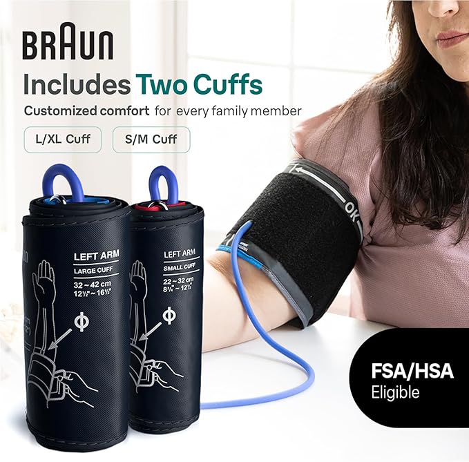 Braun ExactFit 3 Blood Pressure Monitor for Home Use, Blood Pressure Machine, Color-Coded, High BP Monitor, 2 Upper Arm Cuff Sizes, 80 Memory Slots