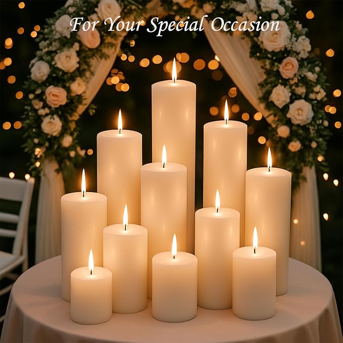 White Pillar Candles Set, 12 Packs, 2.8 in x 4, 6, 8 Inch Assorted Size Unscented Pillar Candles Bulk for Home Decor, Long Burning Candle for Emergency, Holiday Dinner, Dripless & Smokeless