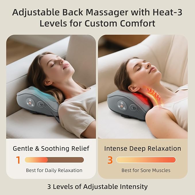 Shiatsu Back and Neck Massager with Heat - Deep Tissue 4D Kneading Massage Pillow for Pain Relief, Electric Shoulder Mlassager for Neck, Lower Back, Legs, Gifts for Men Women Mom Dad. Home Office car