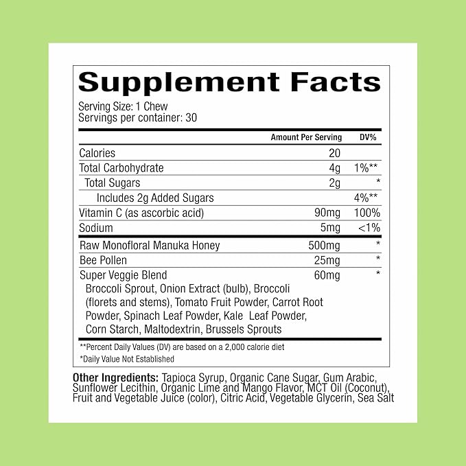 Plant People WonderBee Super Greens Manuka Honey Chews - Bee Pollen, Super Greens & Vitamin C - Immune Support, Antioxidants & Energy Boost (30 Count)