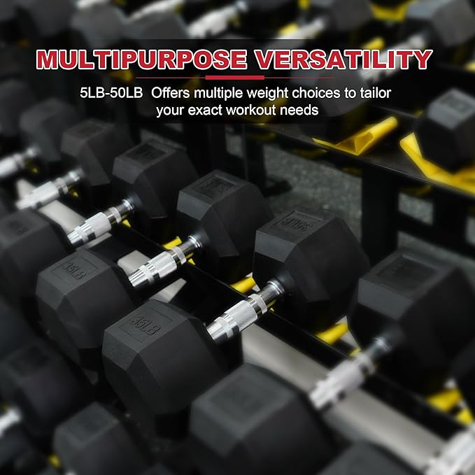 60 lb Dumbbells Set of 3 Pairs (5, 10, 15 lb) – Rubber Encased Hex Weight Dumbbell Set, Cast Iron Home Gym Equipment for Full-Body Strength Training