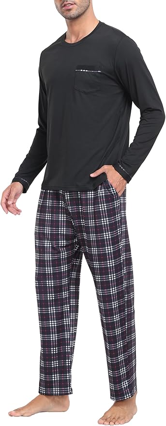 MoFiz Men's Pajamas Plaid Sets Sleepwear Sleep Long Sleeve Shirts and Pants Pajama Set Soft Mens Pjs Lounge Set with Pockets