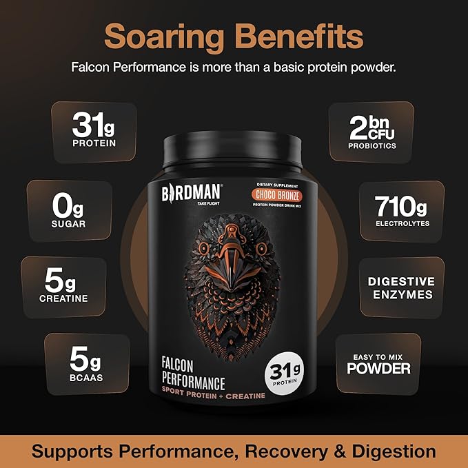Falcon Performance Vegan Protein Powder, 31g Protein, 5g Creatine, 5g BCAA, Probiotics, Electrolytes, Pre Workout, Low Carb, Sugar Free & Dairy Free, Plant Based Chocolate Protein -19 servings