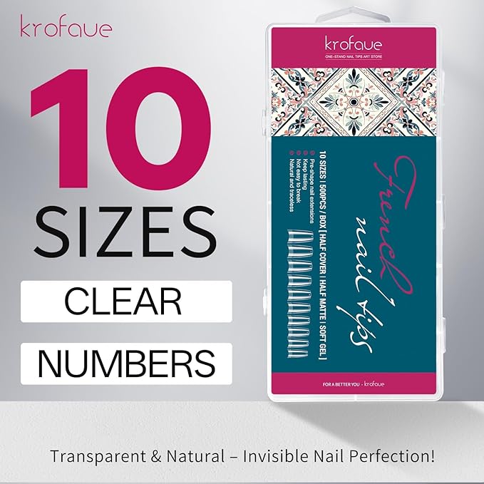 krofaue French Nail Tips - Acrylic Soft Gel False Tips 500PCS Half Cover Square Fake Nails for Women Half Matte French Tip Press on Nails 10 Sizes