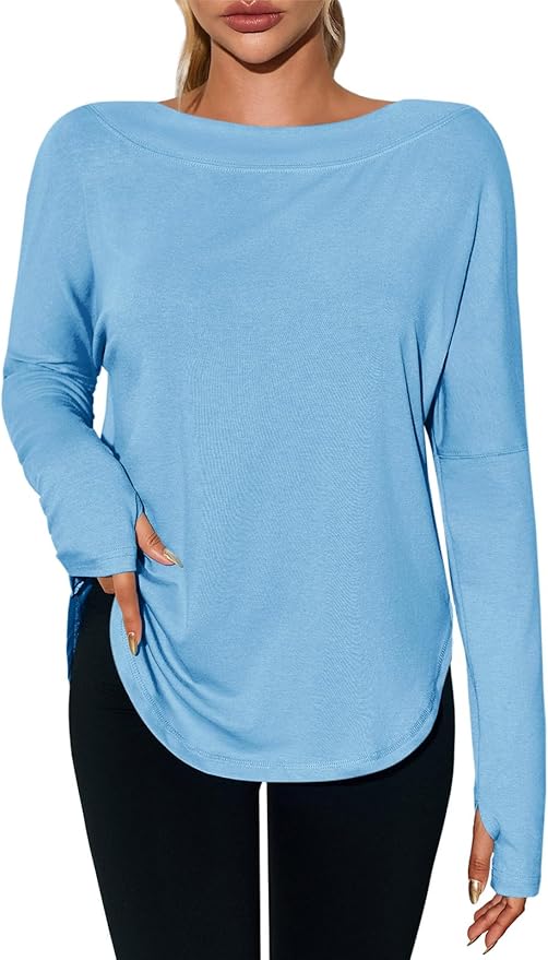 Tankaneo Womens Open Back Workout Shirts Casual Long Sleeve Boat Neck Tops Athletic Gym Yoga Tees with Thumb Holes