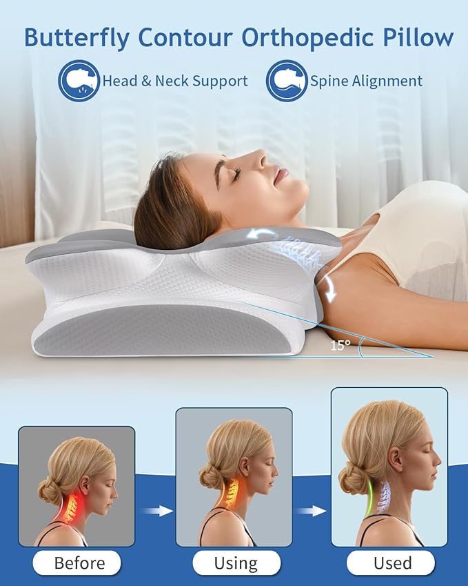 Cervical Neck Pillow for Neck Shoulder Pain Relief, Soft Contour Side Sleeper Pillow of 2 Heights, Odorless Q-max Cooling Memory Foam Orthopedic Bed Pillow for Back Stomach Sleeper